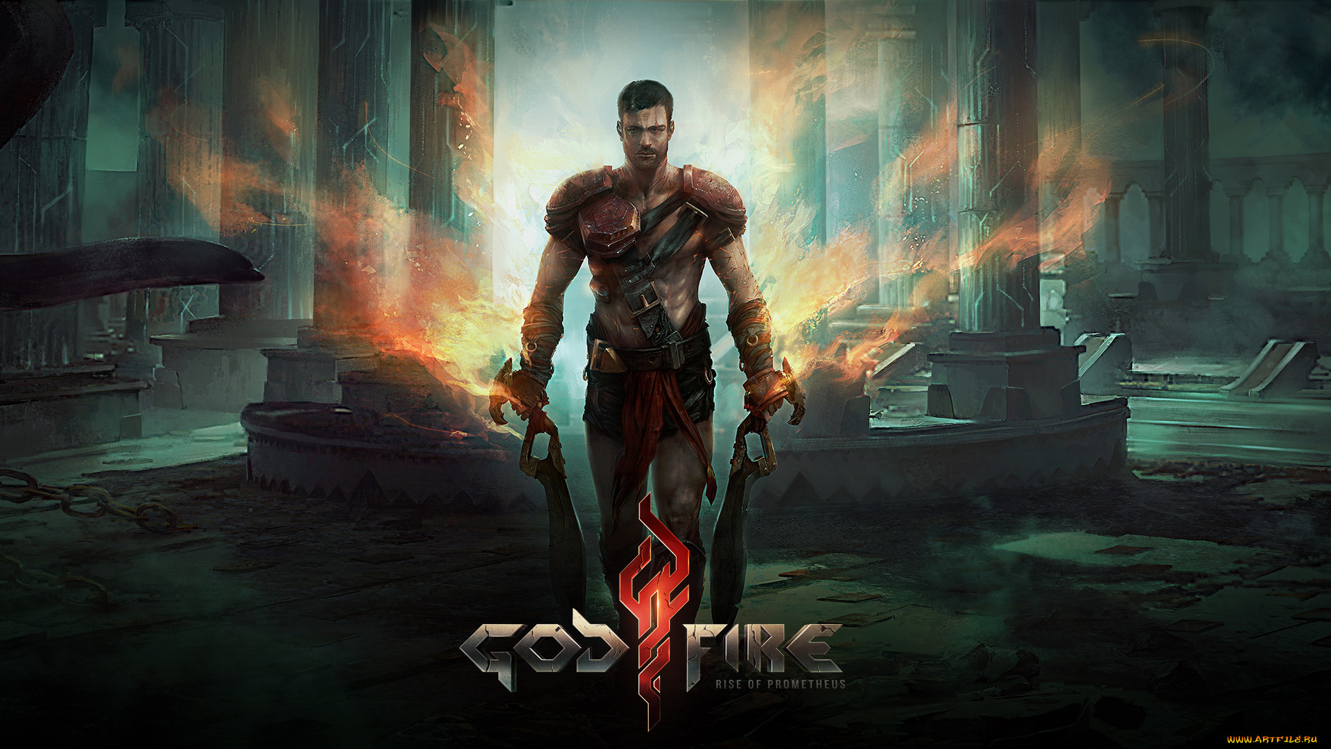 Обои Godfire: Rise of Prometheus Видео Игры Godfire: Rise of Prometheus,  обои для рабочего стола, фотографии godfire, rise, of, prometheus, видео,  игры, огонь, меч, доспехи, мужчина, колонны, развалины, ремень, цепь, воин  Обои